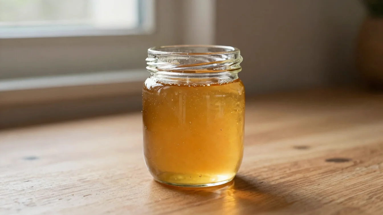 Editorial product photo of a glass jar of liquid golden honey on