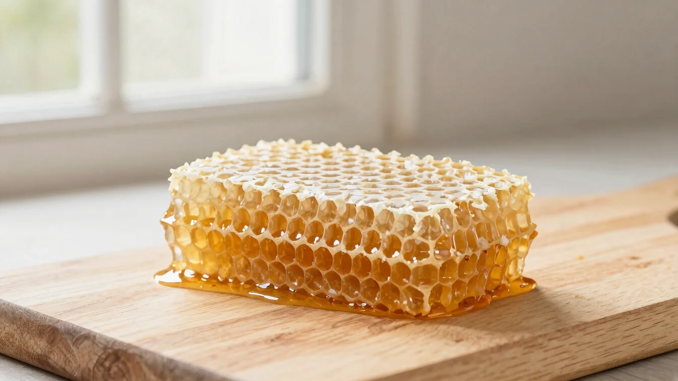 Editorial product photo of a piece of raw honeycomb with clearly