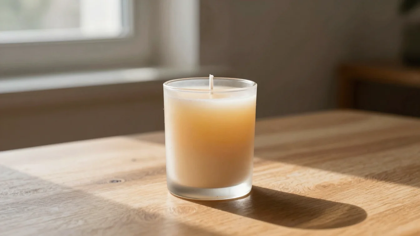 Editorial product still life of a pale beeswax candle with a warm