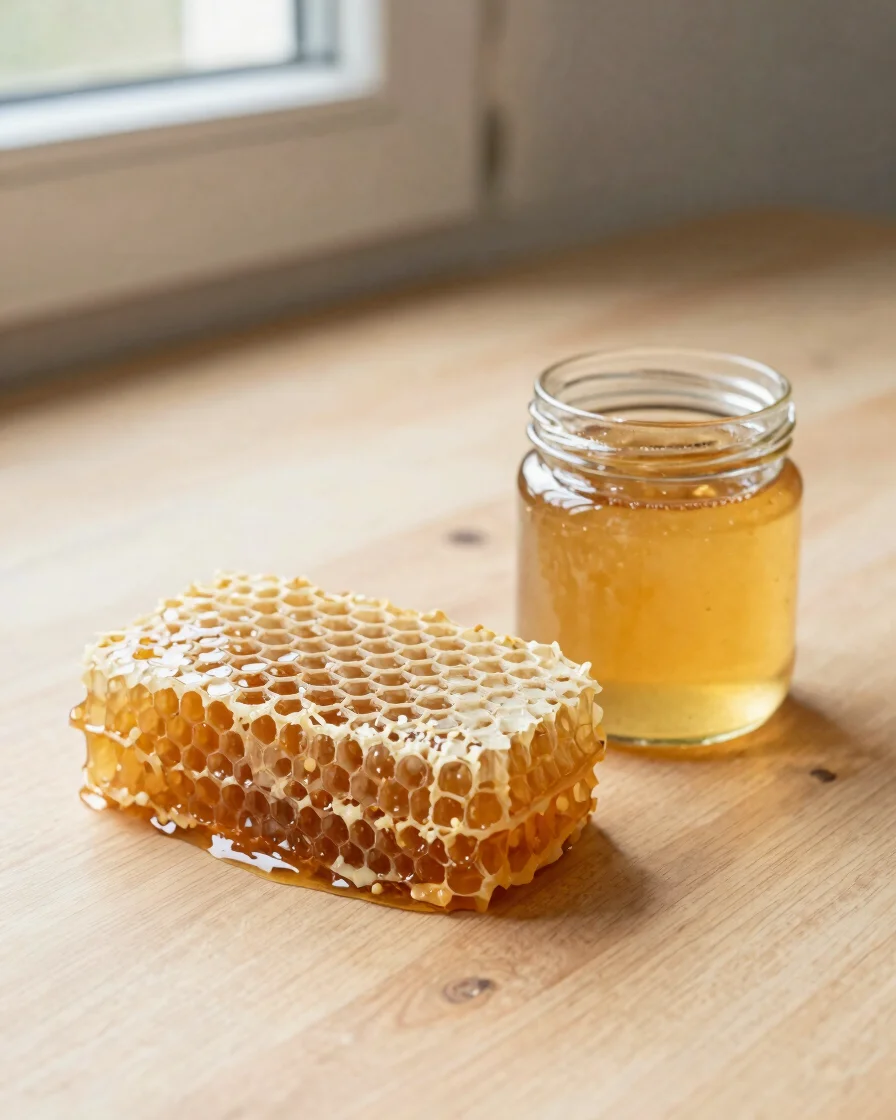 Editorial close-up of a honeycomb piece with visible hexagonal wax cells next to a small jar of clear honey on a plain l