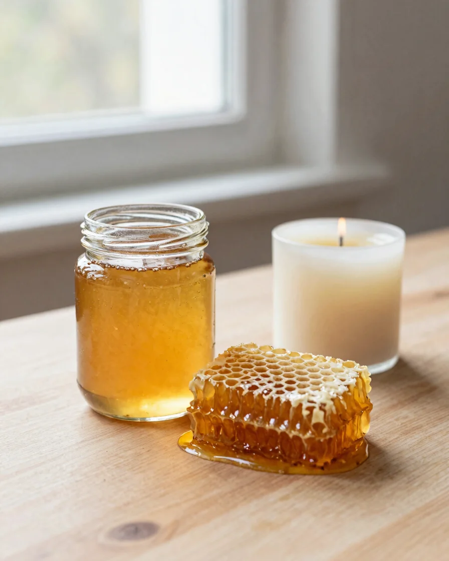 Editorial product still life, soft window light, a glass jar of honey beside a piece of honeycomb with visible cell stru